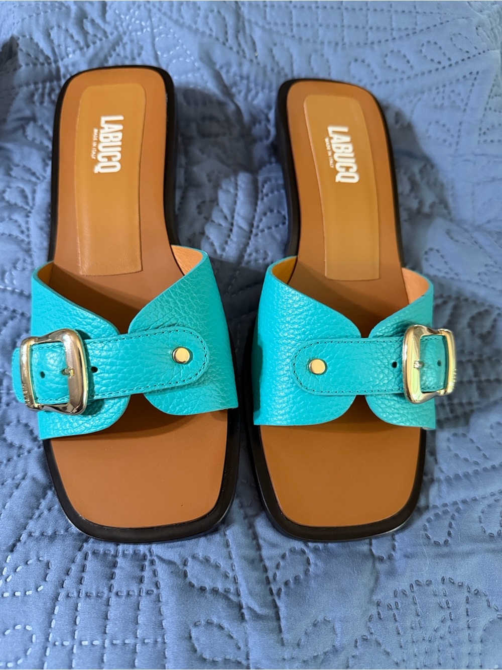 Labucq Turquoise Leather Buckle Slide Mules
